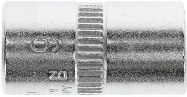 A silver metal socket with a ridged and smooth area, marked with numbers and letters, on a white background.