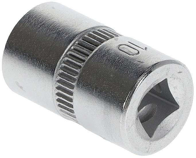 Metal socket insert in cylindrical form, side-ribbed for better grip, with square drive opening at one end.