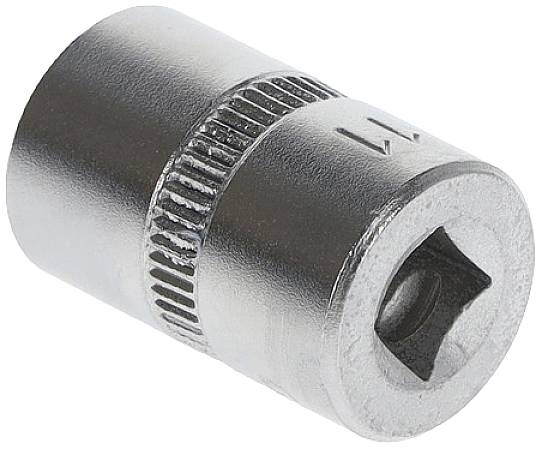 A silver socket spanner head, cylindrical with a knurled central section and a square opening at the lower end.