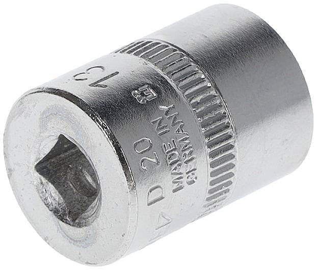 A silver 13-mm socket with a square drive and engraving 'Made in Germany'. It is cylindrical and manufactured from metal.