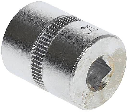 Cylindrical metal attachment, possibly a tool component, with a grooved side surface and a square recess on one side.