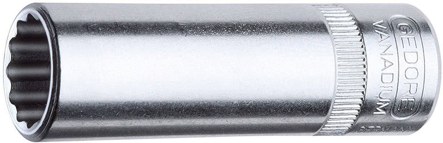 A silver-coloured Gedore Vanadium socket spanner, cylindrical, with toothed inner surface and knurled handle. Tool specification.