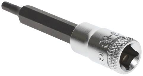 A hexagonal bit attachment with a chrome-plated hexagonal socket, suitable for fastening Allen screws, on a white background.