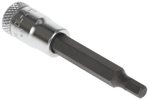 A silver hex bit socket extension, suitable for screw work, rests on a white background.