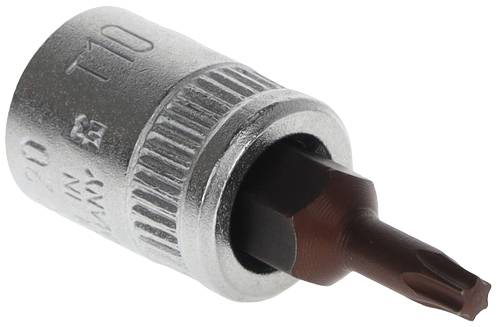 A Torx screwdriver bit made of metal, size T10, with a knurled handle for improved grip.
