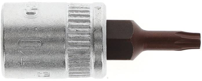 A silver Torx bit with a brown tip, used for screw connections, is lying on a white surface.