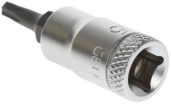 A silver Torx bit for screws, with a knurled handle for improved grip.