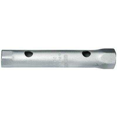 A silver spark plug spanner with two holes and engraving on the surface, used for tightening and loosening spark plugs.