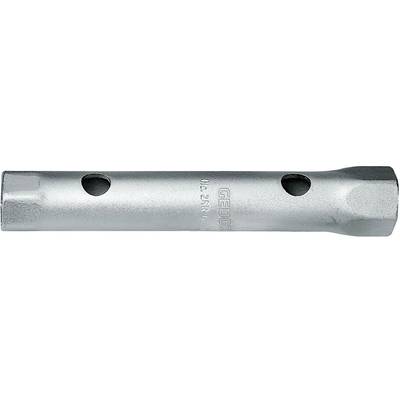 A silver spanner with two round holes for improved grip.