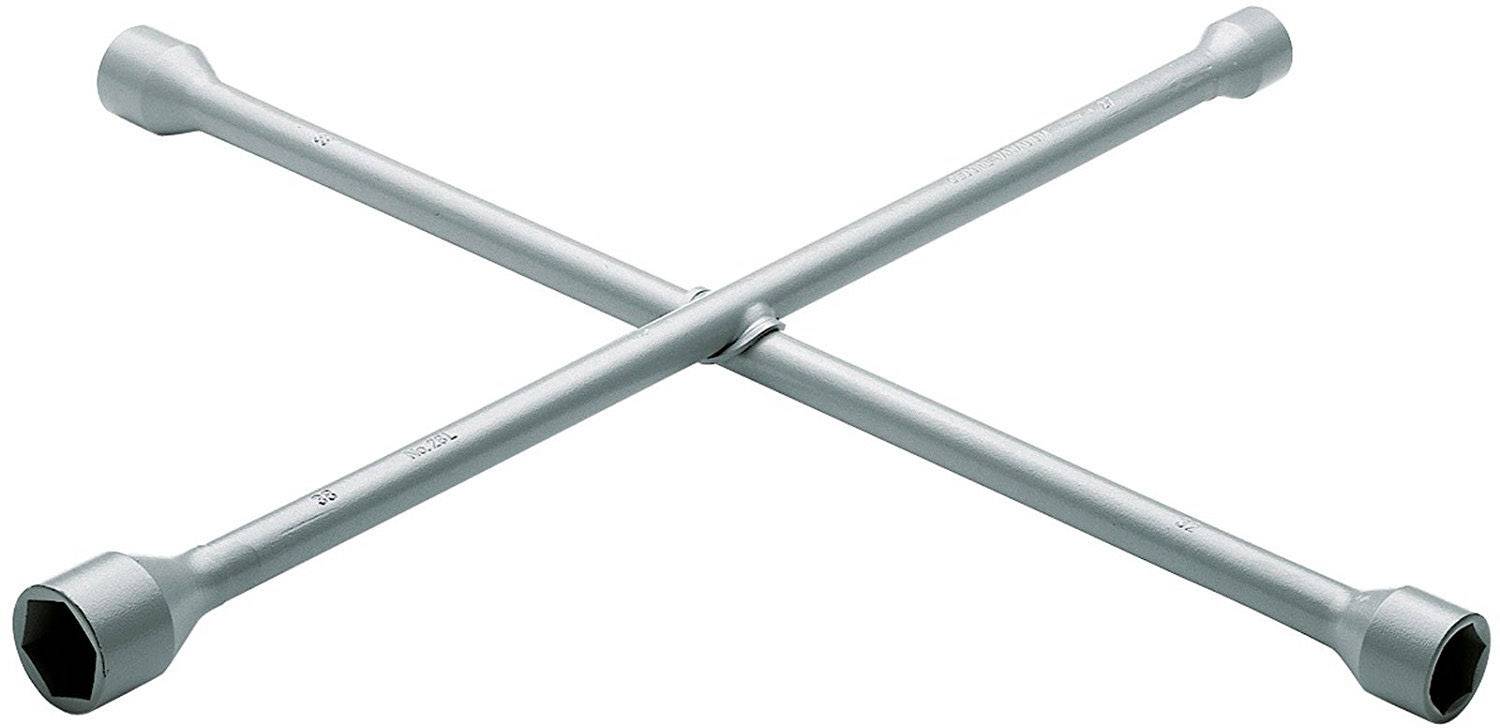 A cross-shaped metal wheel brace typically used for loosening or tightening wheel nuts.