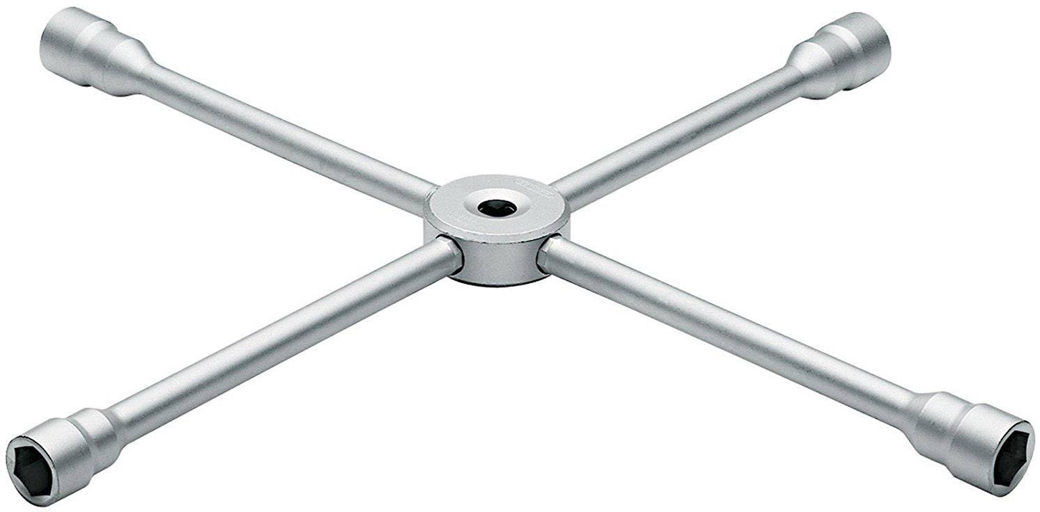 A silver cross-headed spanner with four arms, each with a socket at the ends, used for loosening or tightening nuts and bolts.