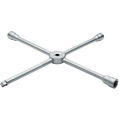 A silver cross-shaped wrench with four arms for use in vehicle wheel mounting. Each arm has a different end.