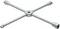 A silver cross-shaped wrench with four arms for use in vehicle wheel mounting. Each arm has a different end.