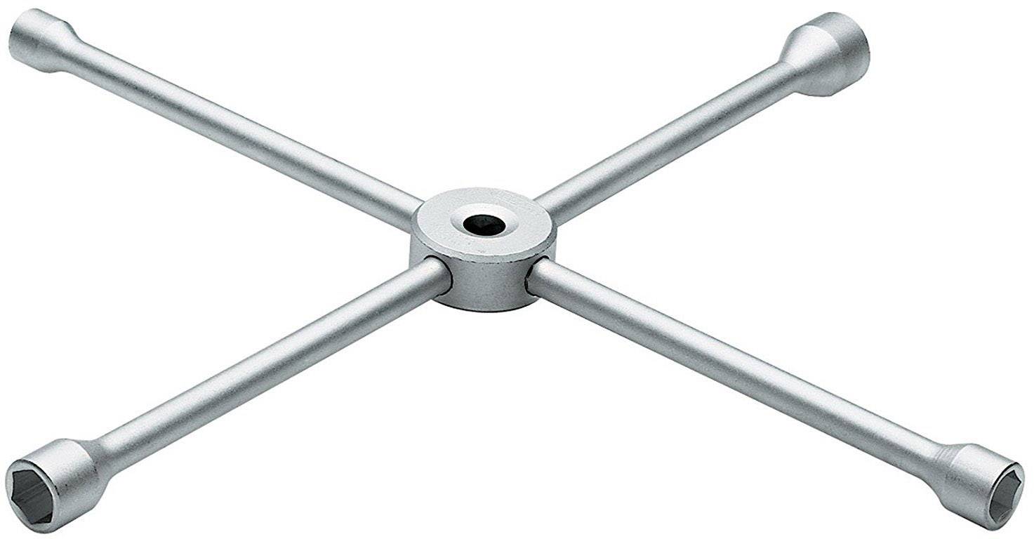 A silver cross-headed spanner with four equally long arms and integrated sockets at each end for wheel mounting.