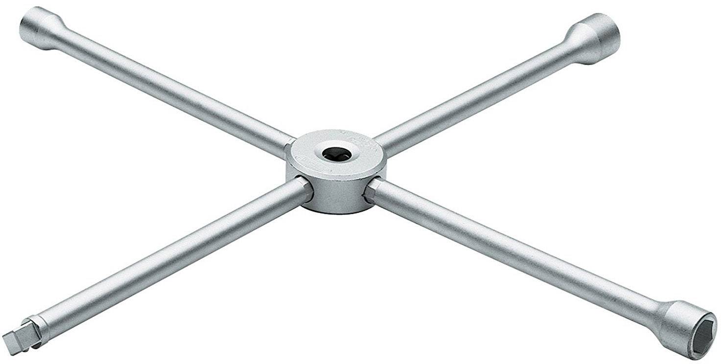 A silver cross-headed spanner with four arms, each with different socket sizes. Often used for changing tyres.