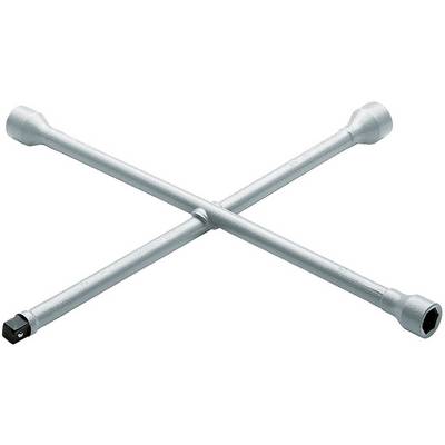 A silver cross spanner, a tool with four different socket ends, used for tightening wheel nuts.
