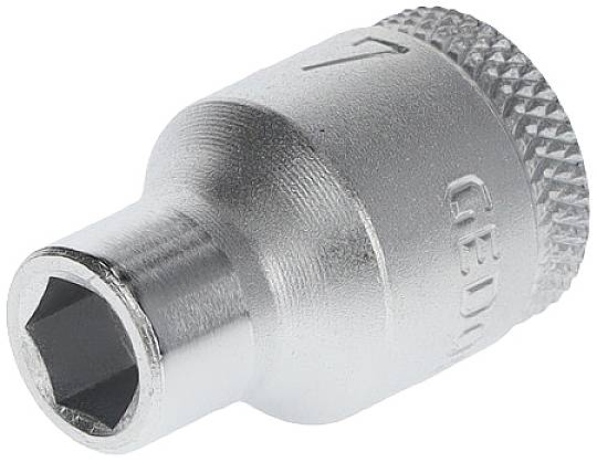 Metal screw head with a hexagonal opening and a knurled surface around the edge.