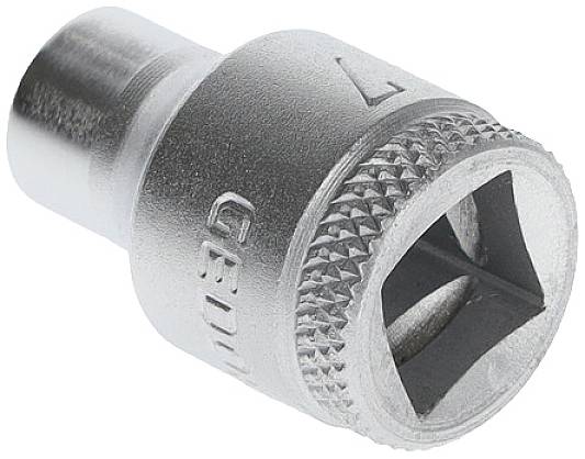 'Silver-coloured socket attachment with serrated edge, for use with spanners or ratchets.'