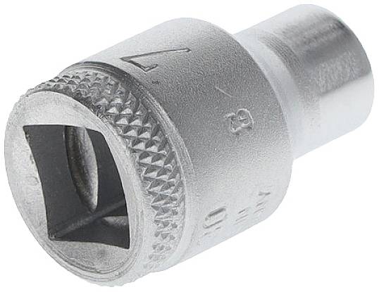A silver square-drive socket with a knurled edge and engraved labelling. It is a tool component used for fitting screws.
