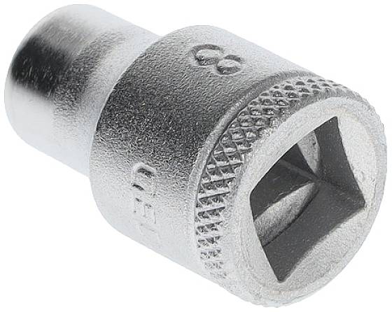 Metallic socket extension, cylindrical in shape, in silver. Suitable for use with a spanner or ratchet.