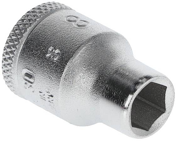 Hexagonal socket insert, 9 mm, made of chrome-plated steel. Used for screw work with ratchets or torque wrenches.