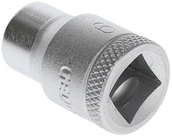 Silver-plated socket adapter with knurled edge and square opening, for connecting tools or sockets.