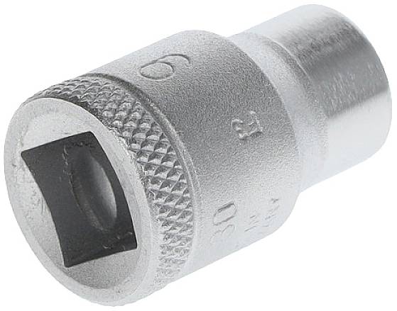 Metal socket with square internal drive and knurled edge. Suitable for tools such as torque wrenches.