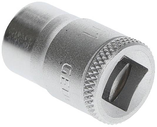 Metal socket with a fluted edge and square drive opening, commonly used as a tool for spanners.