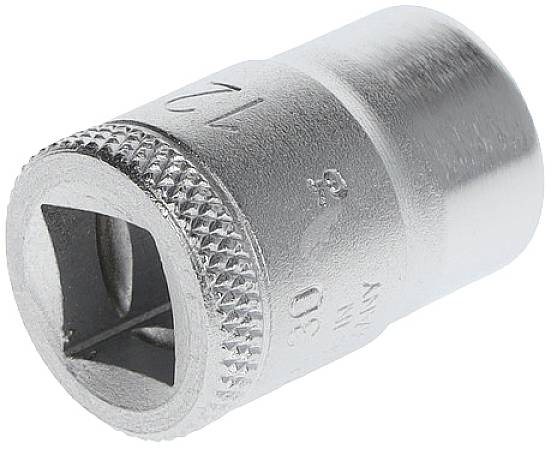 Metal screwdriver socket attachment in cylindrical form with knurled edge and square opening for ratchet attachment.