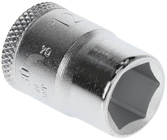 Metallic hexagonal socket nut, suitable for screw work.