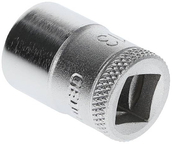 Metal socket adaptor, cylindrical in shape, with a knurled surface and square opening, suitable for tool use.