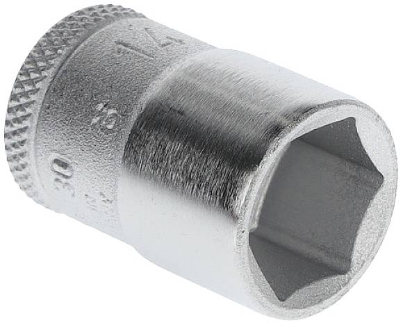 Chrome-plated socket insert in metal, 14 mm hexagon, with knurled handle for improved grip. Suitable for screw-related work.