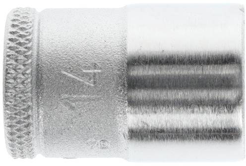A silver socket insert with a knurled edge and the marking '1/4'.