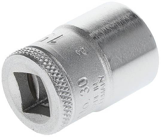 Metal socket nut, cylindrical with 12 mm diameter, side-engraved designations. Used for screw connections.