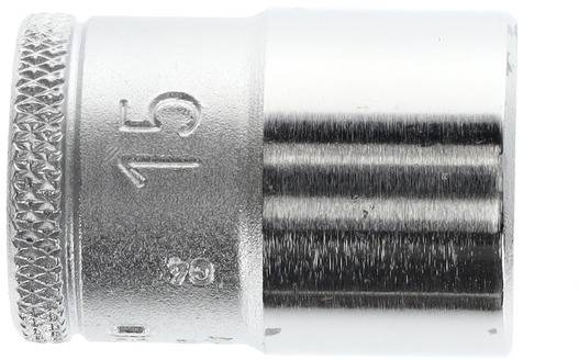 Metal socket nut with a fluted edge and an embossed '15' engraving. Used for fastening in mechanical tool inserts.