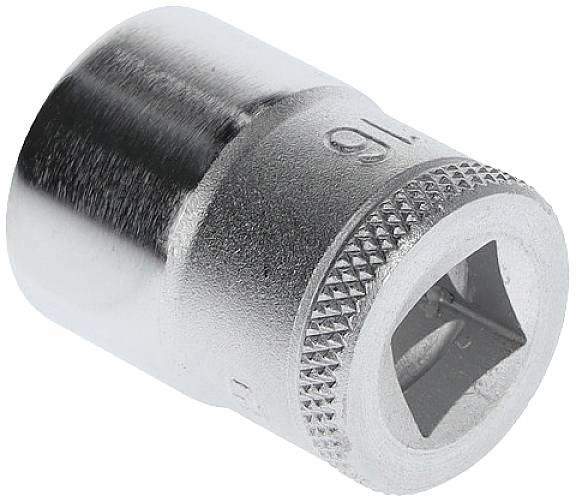 Metal hexagonal socket wrench with a knurled handle and square opening at the base, used for ratchet tools.