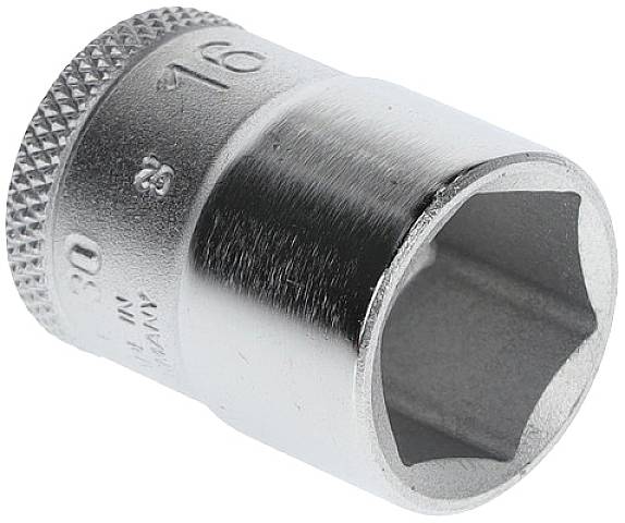 'Hexagonal Socket Wrench Insert 16 mm, Polished Metal, Knurled Surface, Size Engraved on Side.'