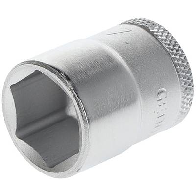 Metal socket with knurled edge and hexagonal opening, used for screw work with a socket wrench.