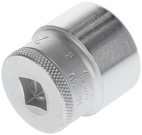 A silver socket extension, cylindrical in shape, with a knurled edge and a square opening at one end.