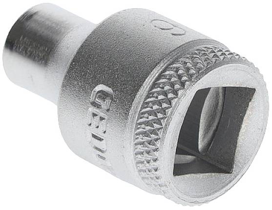 A silver socket extension with a knurled handle, square opening and 'GEDORE' inscription. Primarily used for mechanical work.