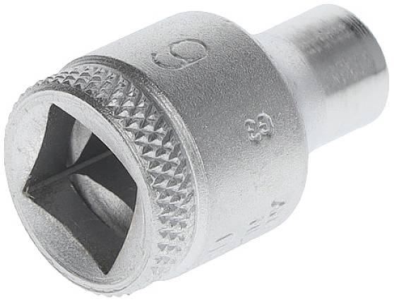 A metal socket with a knurled edge and square aperture, suitable for socket wrenches.