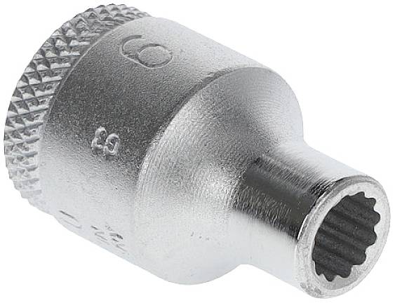 A silver socket key adapter with a knurled edge and internal teeth for connecting and adapting different tools.