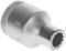A silver socket key adapter with a knurled edge and internal teeth for connecting and adapting different tools.