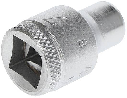 Metallic socket with a fluted edge, square opening, and matte finish, suitable for spanners or ratchets.