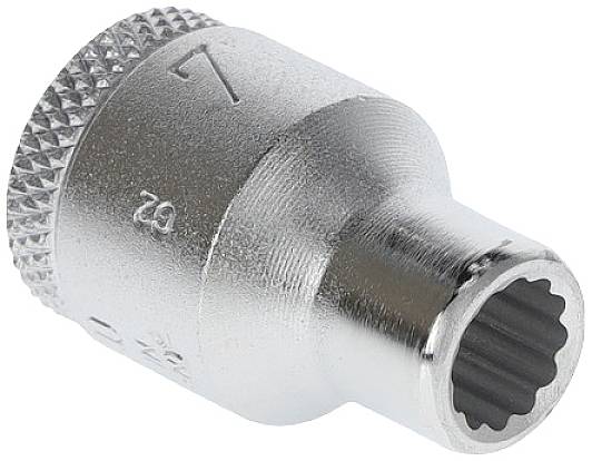 A metal socket, stamped with the number '7', used for receiving screw heads or nuts.