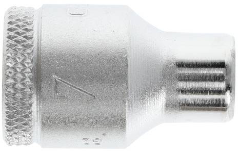 A silver metal socket wrench that is frequently used for automobile and machinery repairs. Its surface is knurled for improved grip.