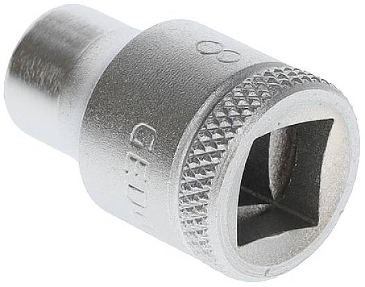 A silver castellated nut with a round, ridged surface and a square connection. Engraved number '8'.