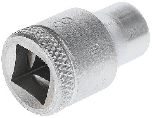 A silver socket with a square drive, used for screw work and compatible with ratchet spanners.