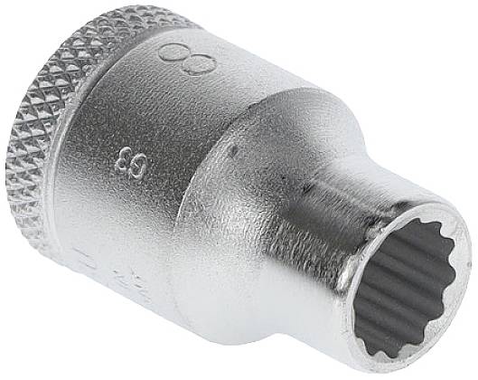 Metal socket with a fluted edge and engraved numbers, used for screw-related work with a matching tool set.