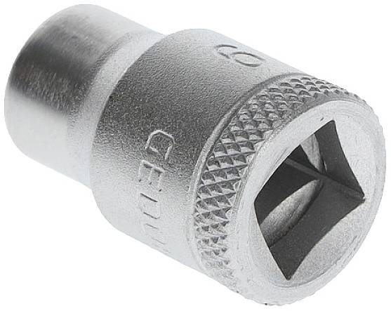 Metallic socket with square opening, suitable for ratchets or torque wrenches. Ribbed surface texture for improved grip.